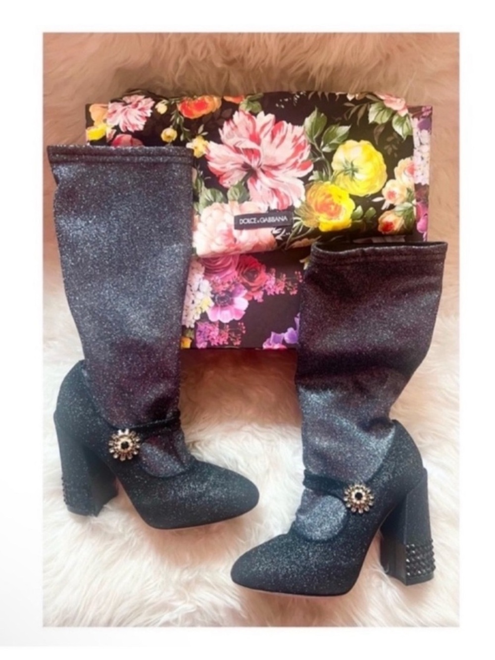 Dolce & Gabbana Crystal Mary Jane Glitter Sock Boots in Black Grey 105mm - Picture 4 of 11